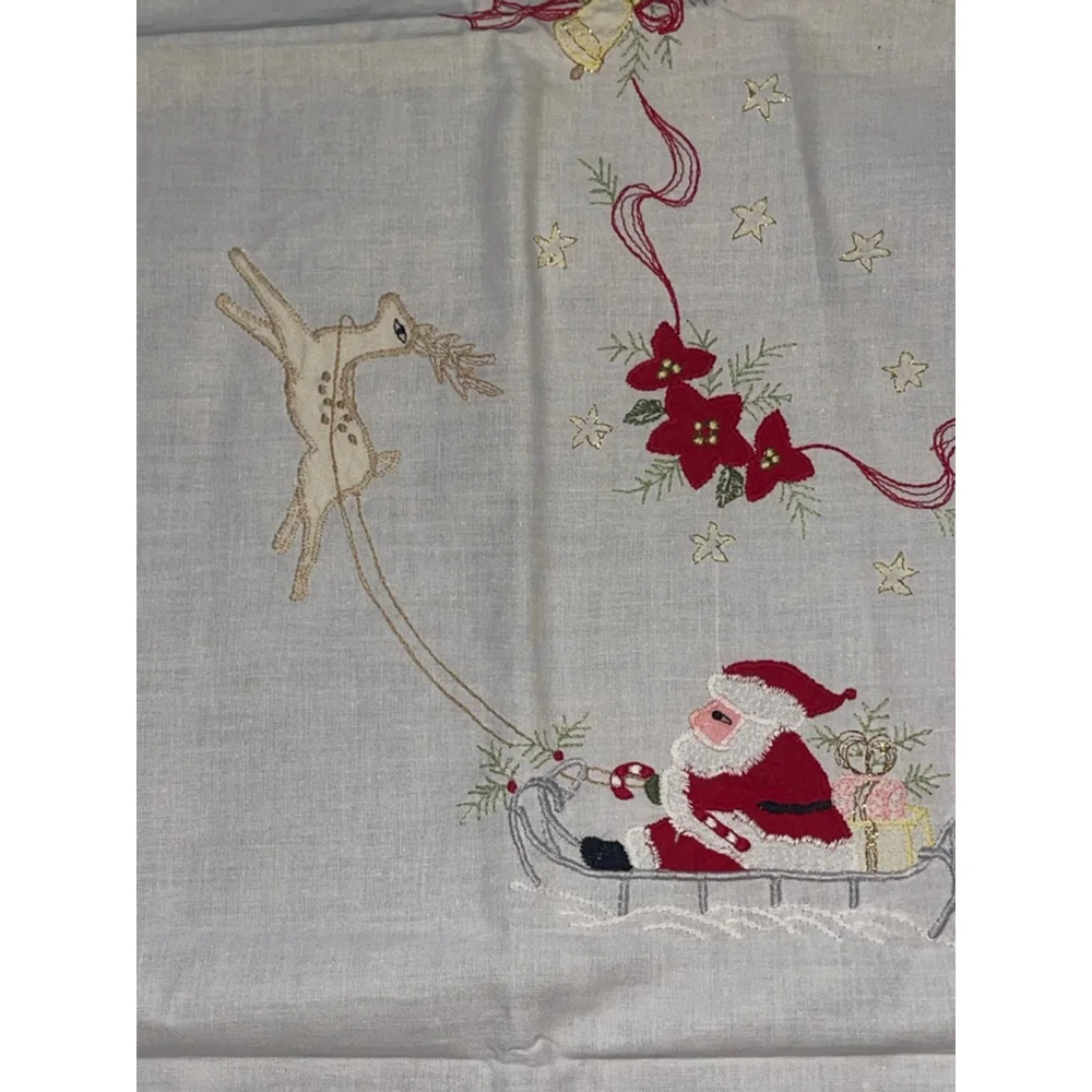 NOS Vintage Christmas Tablecloth & Napkins Set Embroidered Santa Sleigh Reindeer